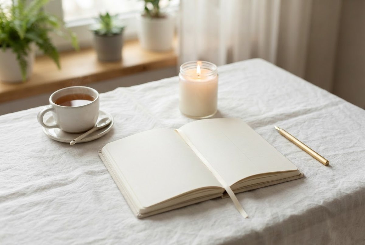 Cream weekly planner open beside a lit glass candle, a gold pen and a cup of tea on a white linen tablecloth in soft morning light