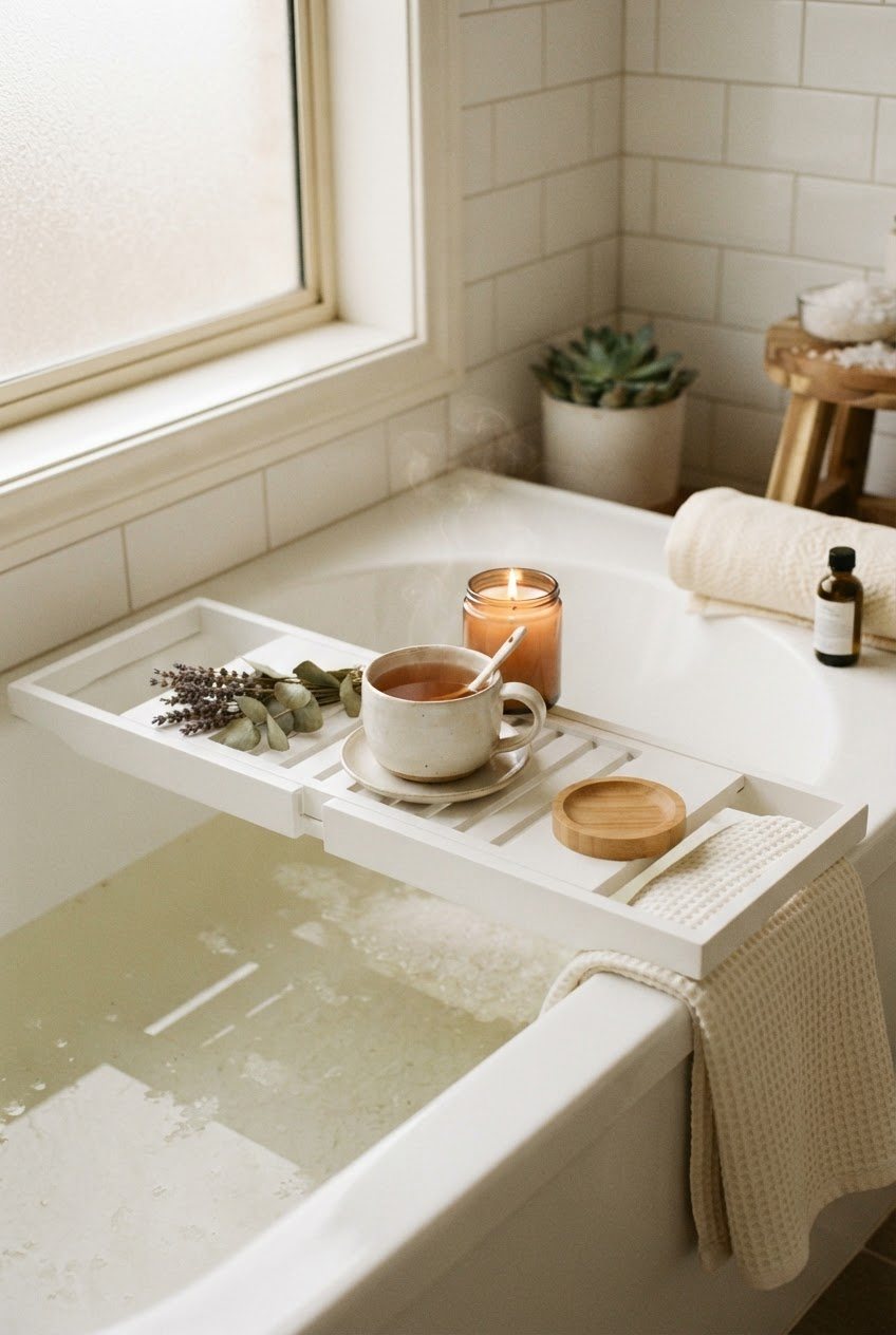 White bamboo bath tray holding a cup of tea, a lit glass candle and a folded cream towel beside a white bathtub in soft light