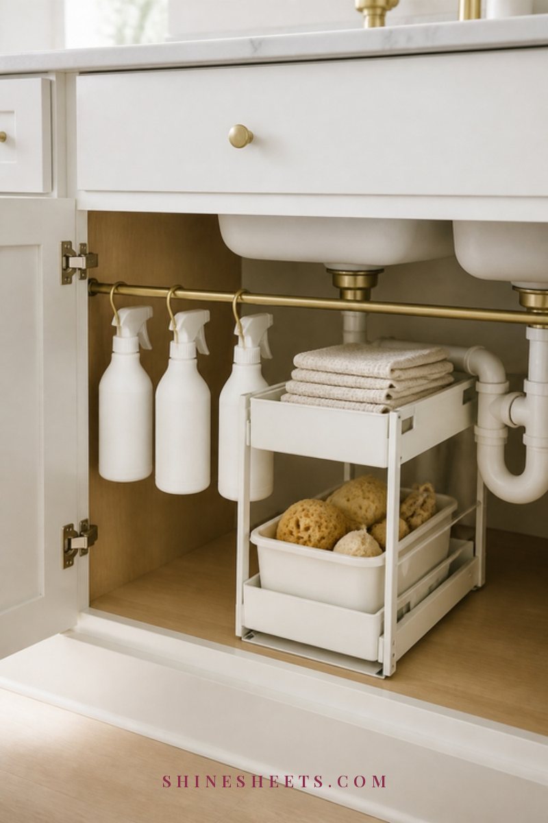 Neatly organized white under-sink kitchen cabinet with a two-tier sliding organizer, white spray bottles and folded cream cloths