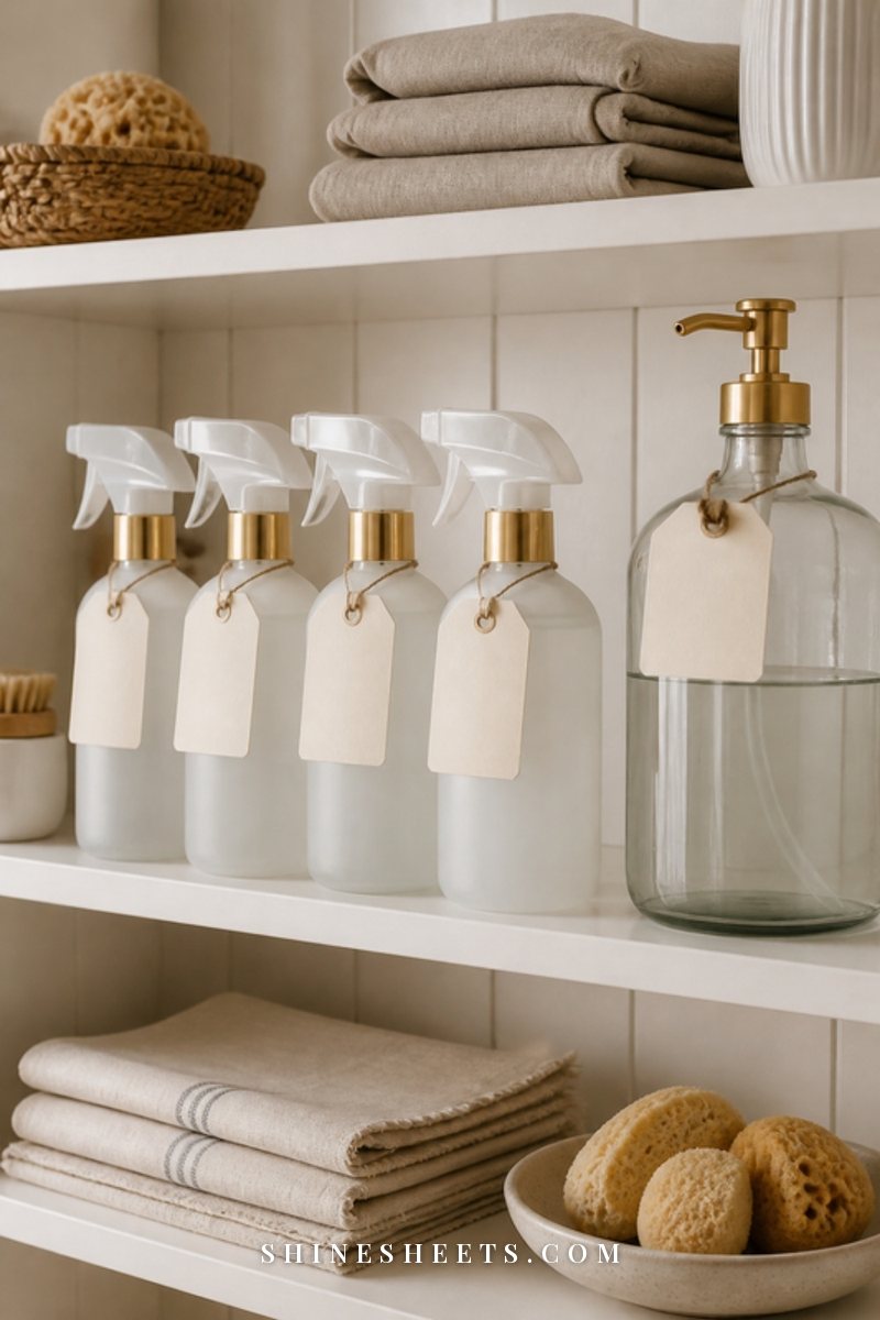 Row of white frosted glass spray bottles with blank cream labels on a white shelf beside folded beige cloths