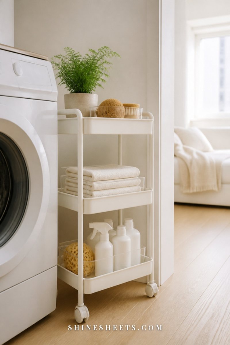 Slim white rolling cart beside a washing machine with clear bins of cloths, sponges and white spray bottles in a bright small apartment
