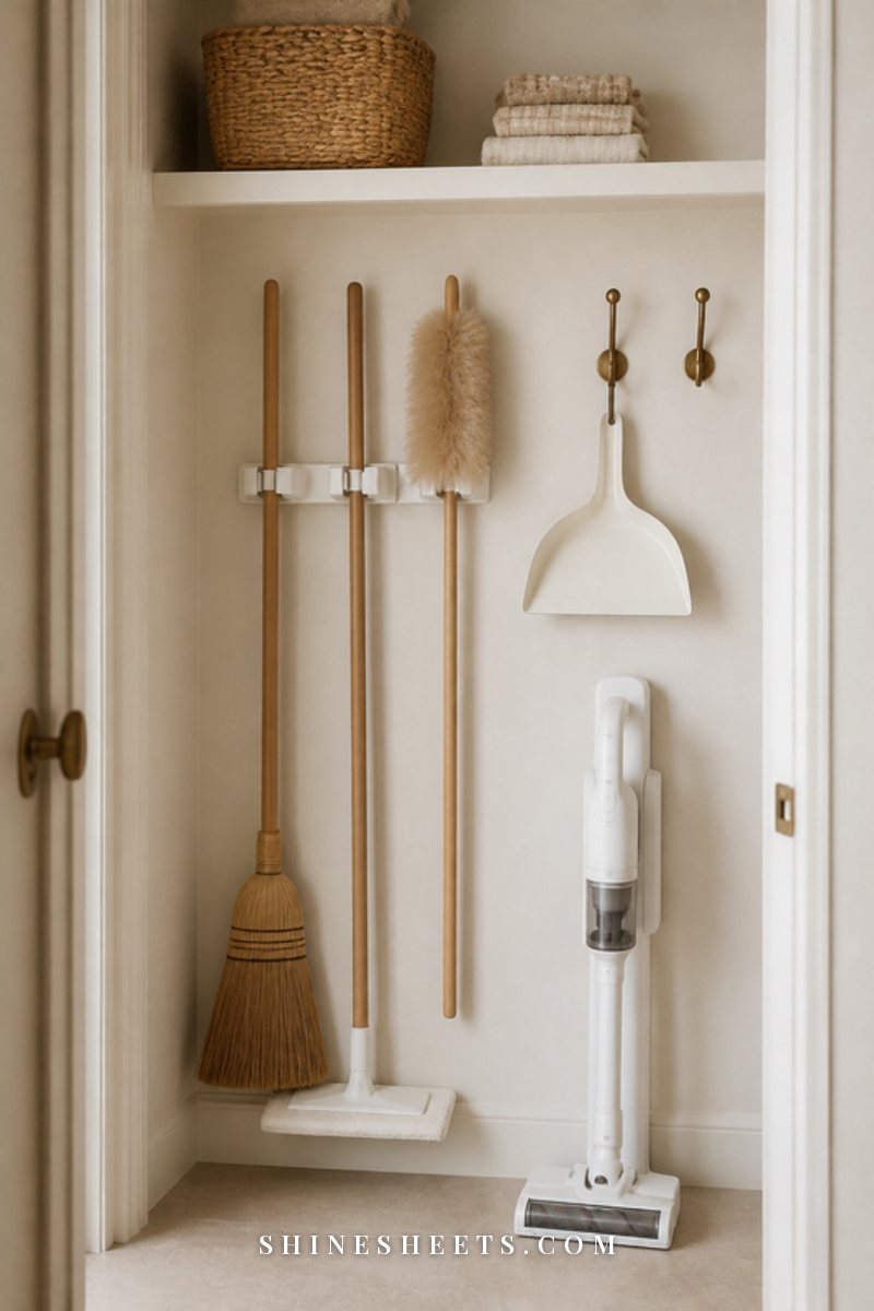 Tidy cream utility closet with a mop, broom and duster hung on a white wall-mounted holder above a cordless vacuum
