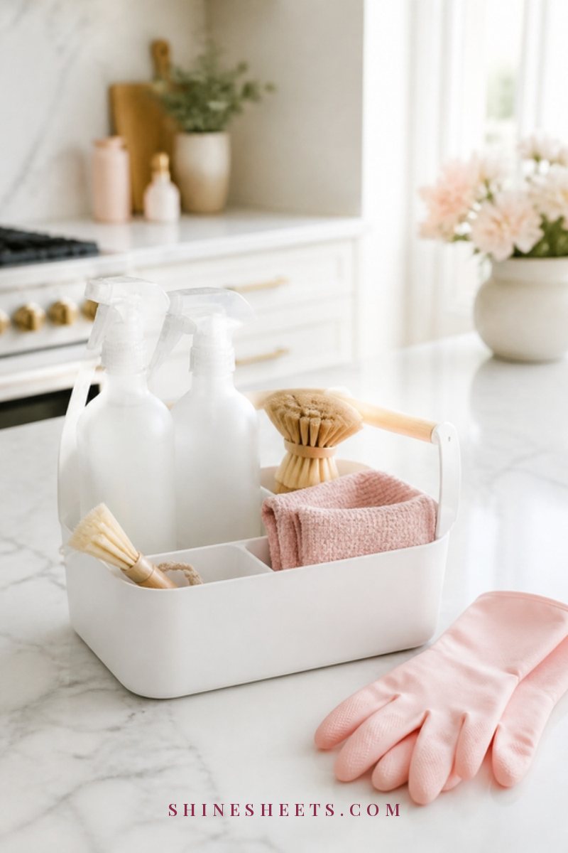 White cleaning caddy with a handle holding white spray bottles, a soft scrub brush and folded blush microfiber cloths on a marble counter