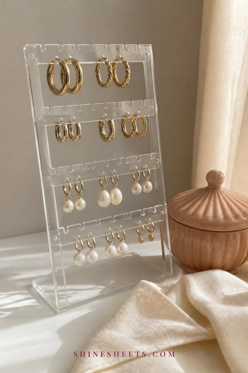 Clear acrylic earring holder with gold hoop and pearl drop earrings arranged in neat rows on a white vanity beside a blush ceramic dish