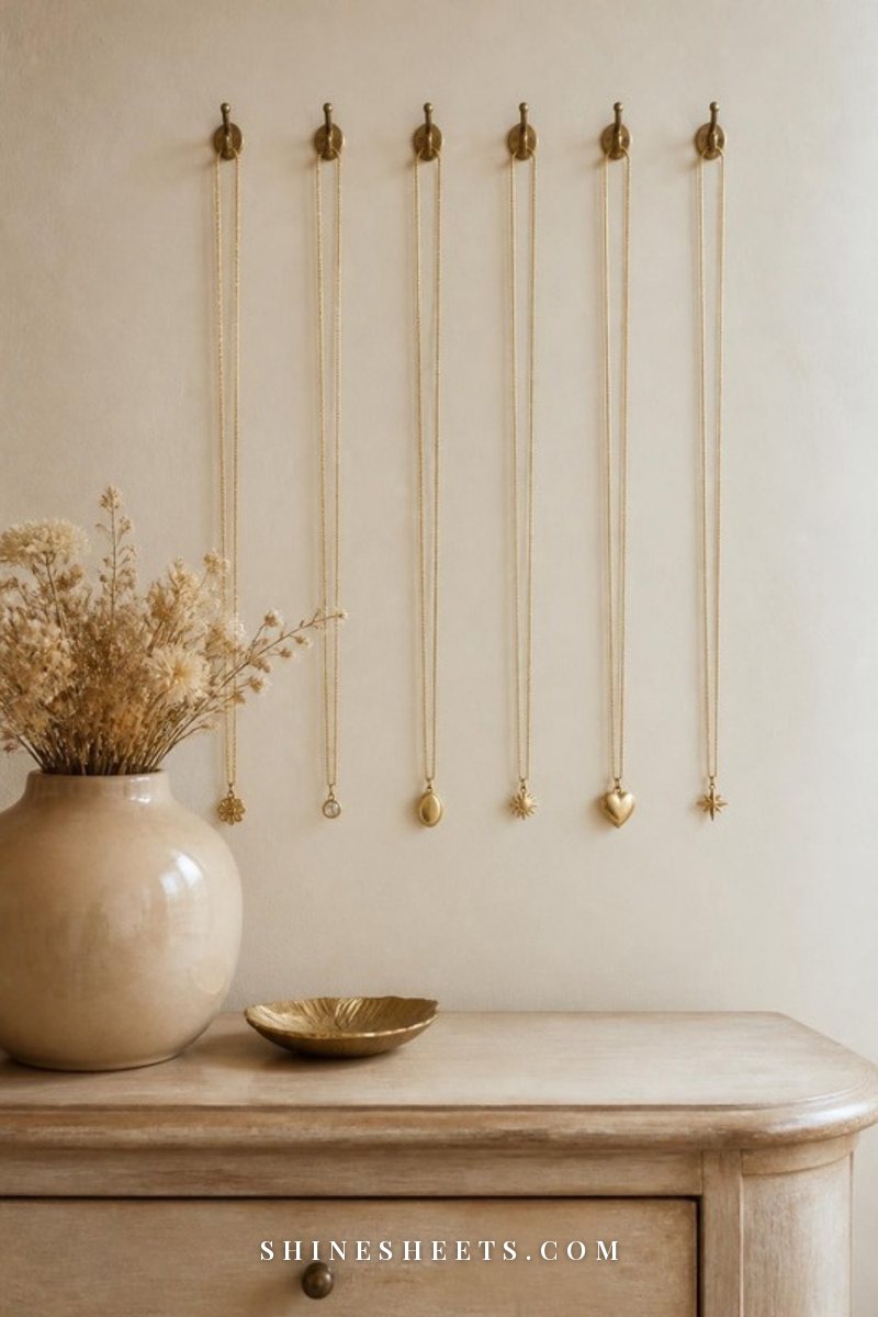 Delicate gold necklaces hanging straight from a row of small brass hooks on a cream wall above a beige dresser