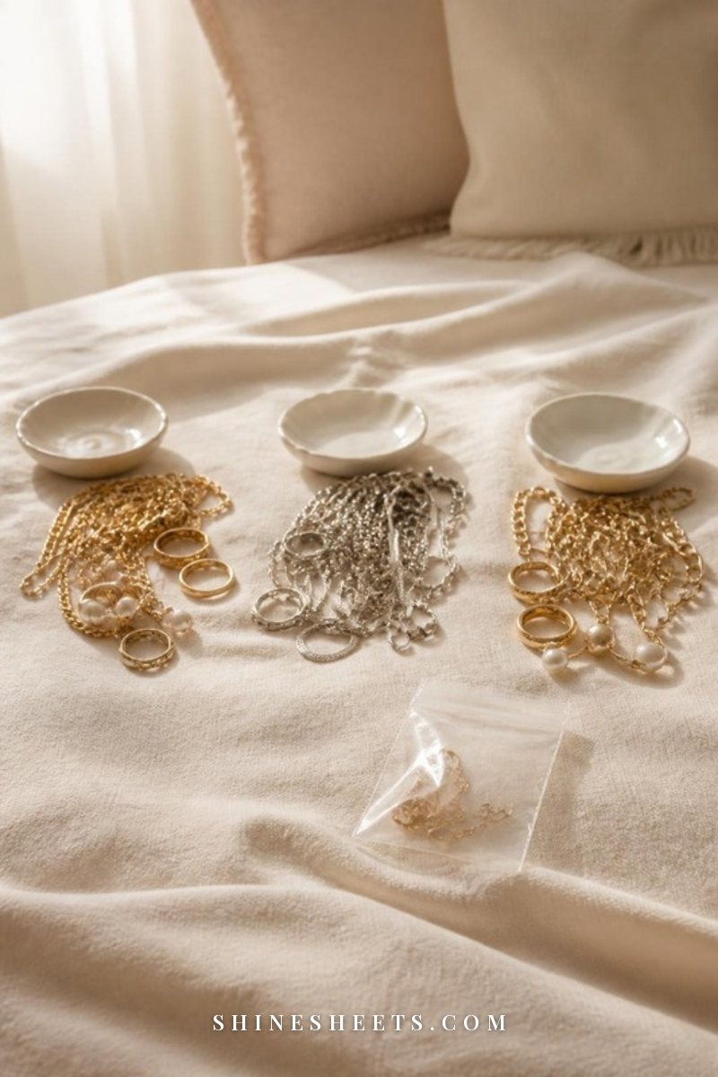 Gold and silver jewelry sorted into three small piles on a cream linen bedspread with small white ceramic dishes