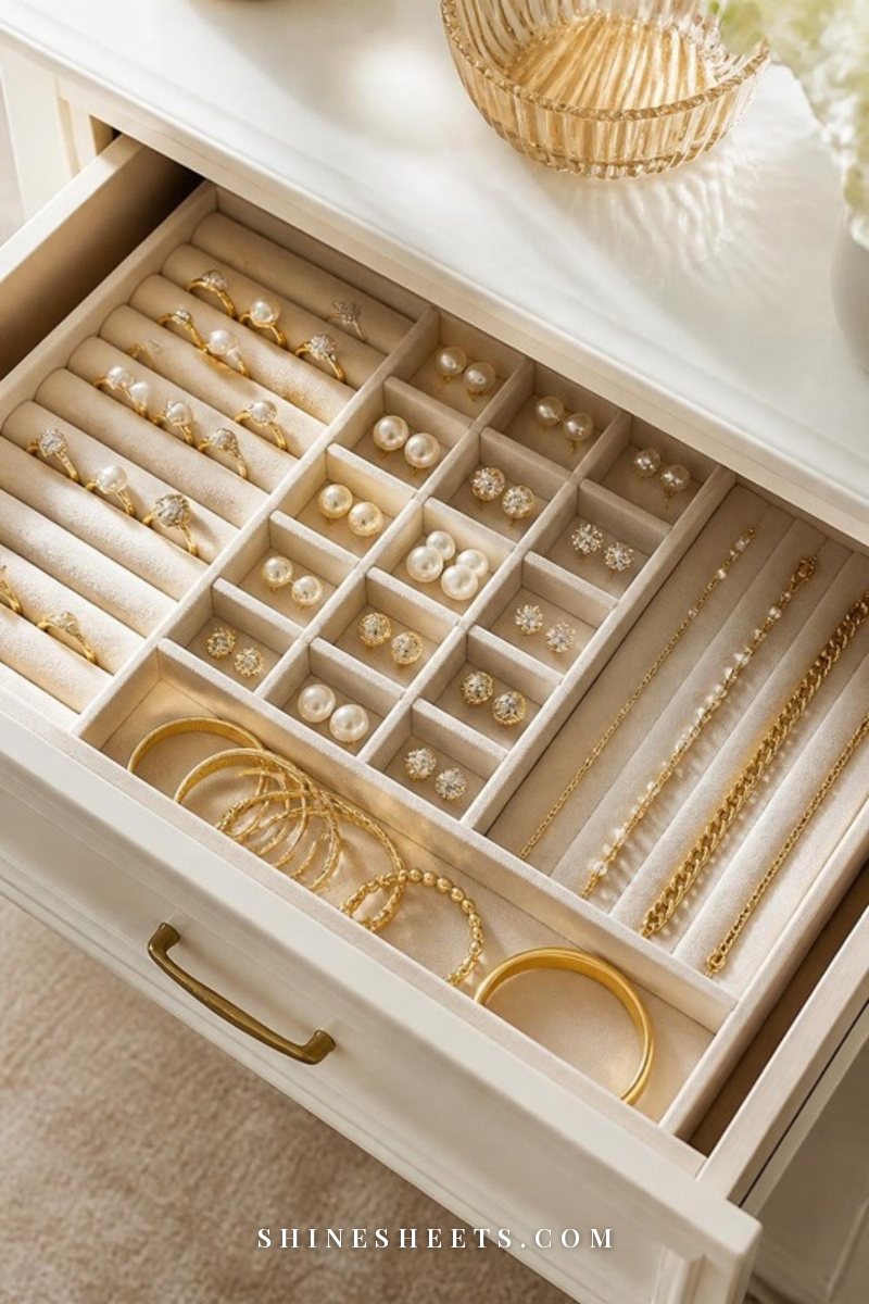 Open dresser drawer with a beige velvet jewelry tray insert holding rings, earrings and folded gold chains in separate compartments