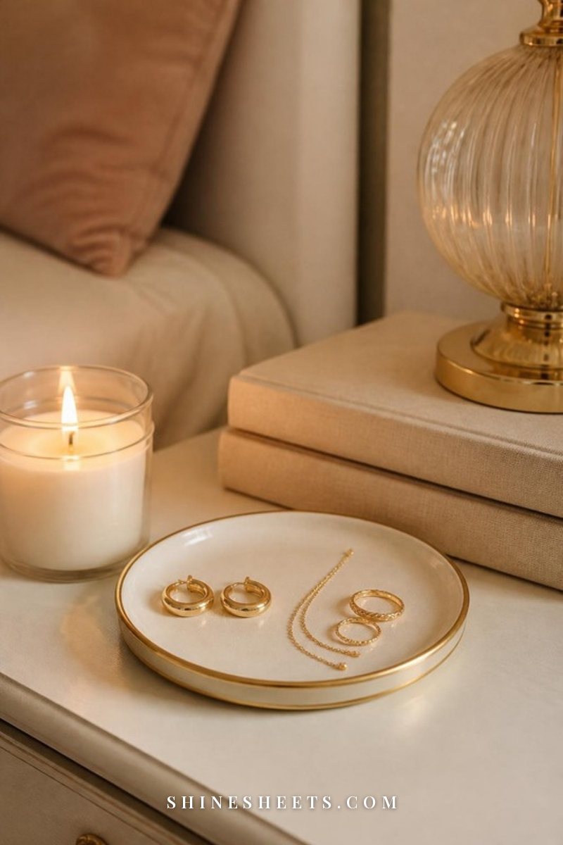 Small round gold-rimmed tray with a pair of gold hoops, a thin chain and two rings on a cream nightstand beside a glass candle