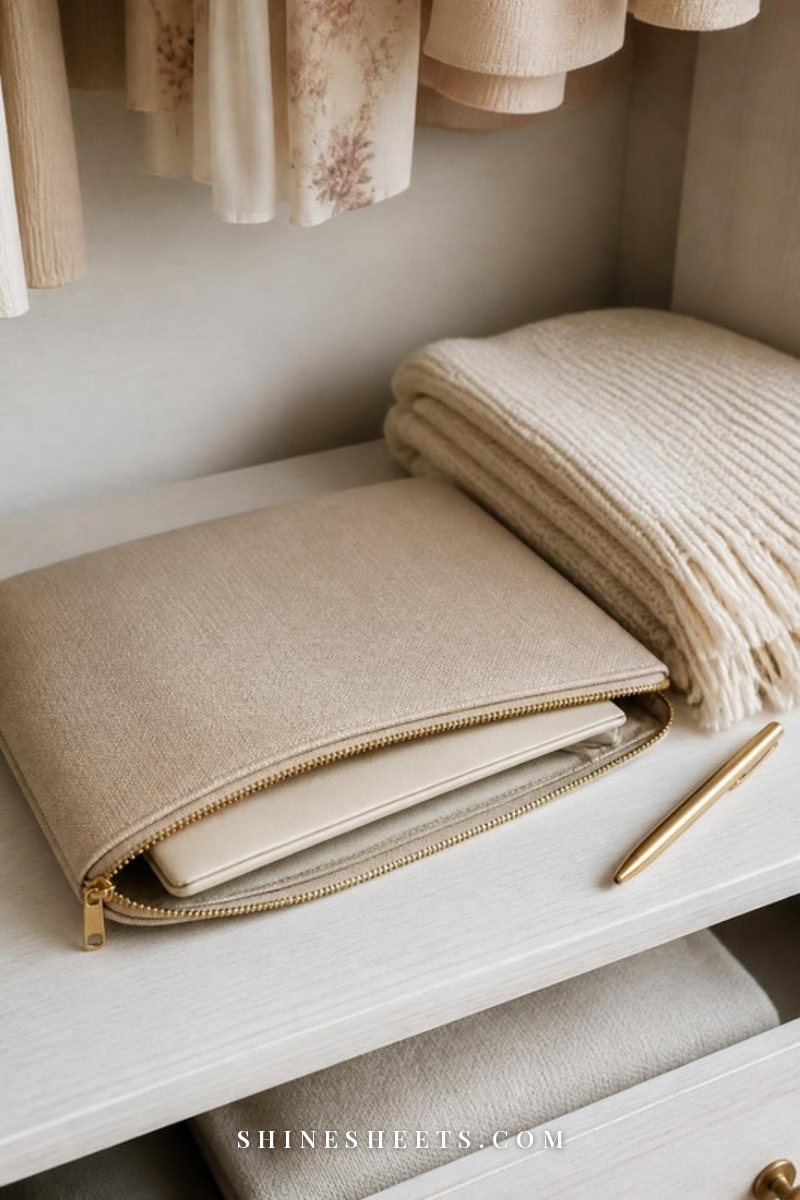 Beige fireproof document bag with a zipper beside a cream folder and a gold pen on a white wooden shelf