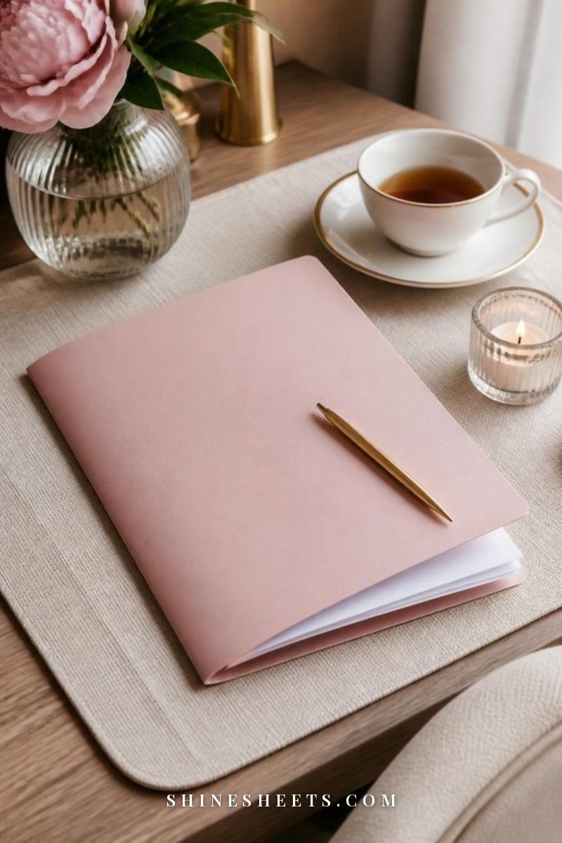 Blush pink folder with a few loose sheets and a gold pen on a cream linen desk mat next to a cup of tea