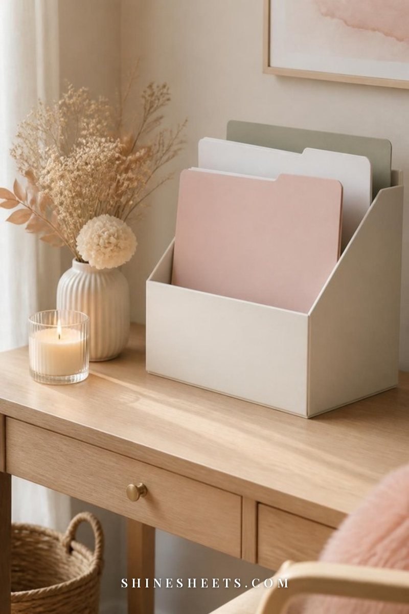 Cream desktop file holder with blush and white folders on a light wood desk beside a glass candle and dried flowers