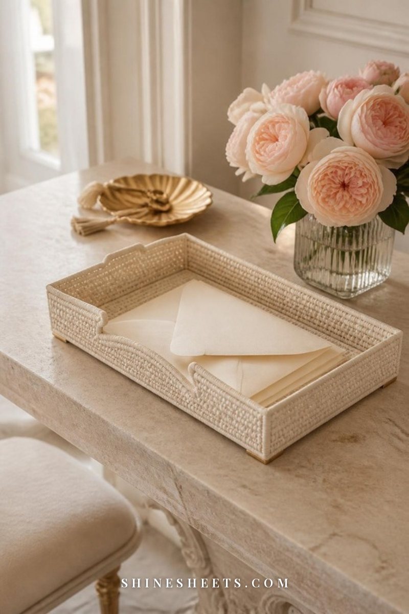 Cream woven paper tray holding a few envelopes on a beige entryway console with a small vase of blush flowers