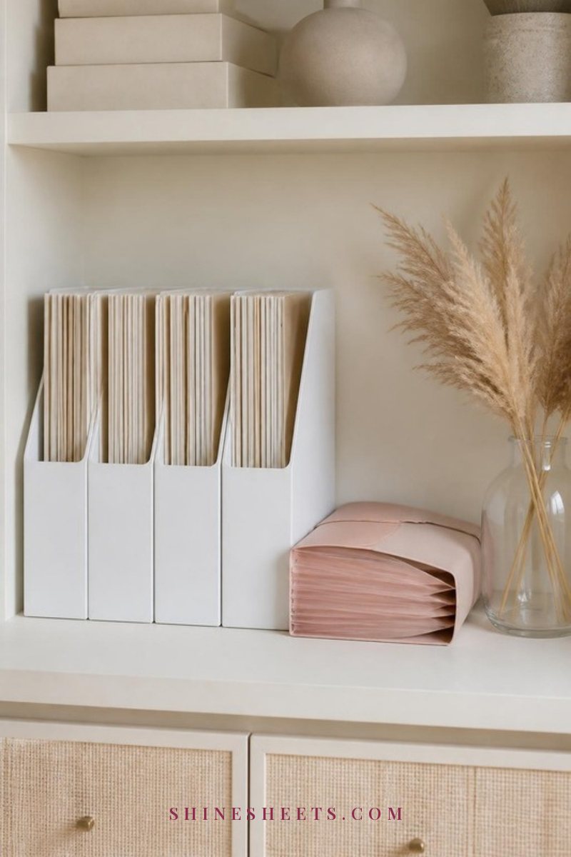 Row of white magazine file boxes on a cream shelf next to a blush accordion file and a small glass vase
