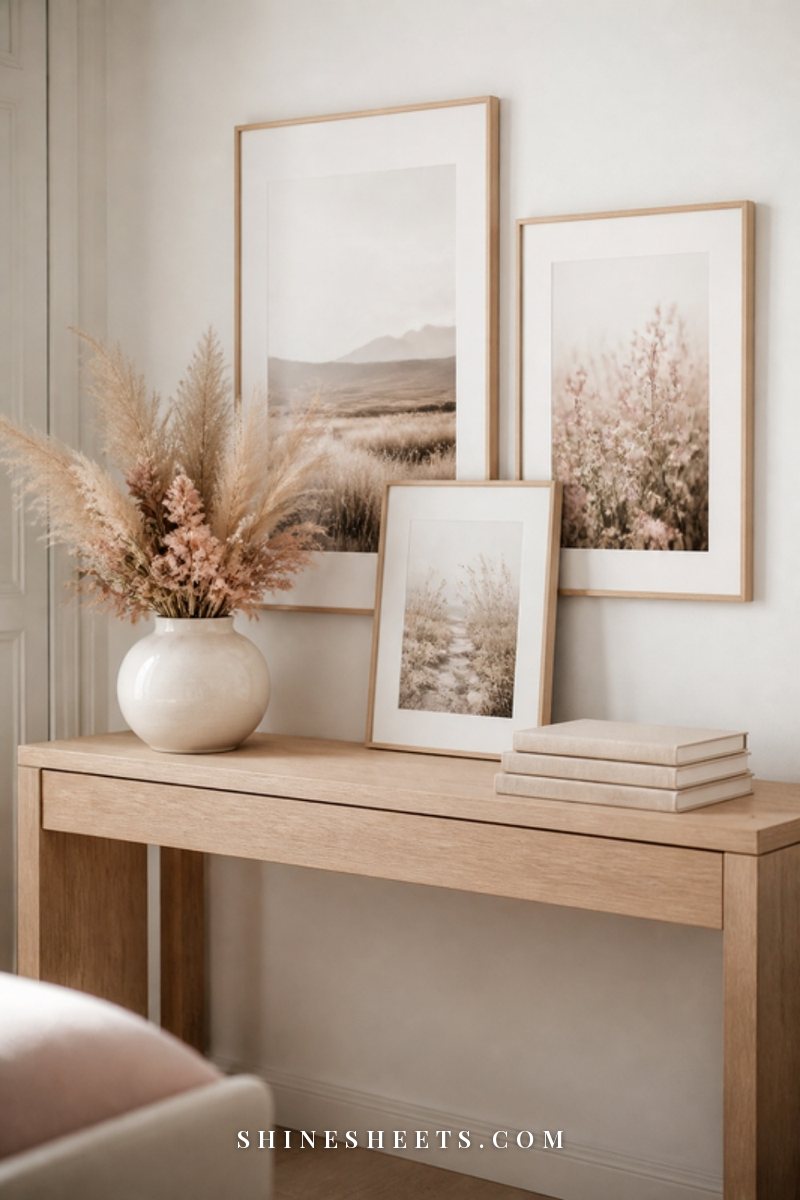 Small arrangement of gold and cream picture frames with soft blurred landscape photos on a wooden console beside a ceramic vase of dried flowers