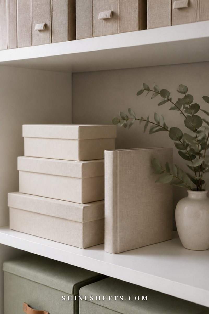 Stack of cream and beige archival photo storage boxes on a white shelf beside a linen photo album and a sprig of dried eucalyptus