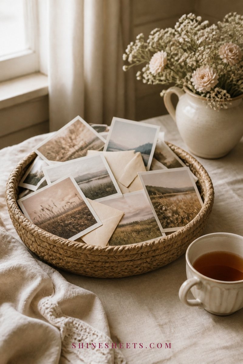 Woven basket overflowing with vintage photographs and envelopes on a cream linen tablecloth beside a cup of tea in soft daylight