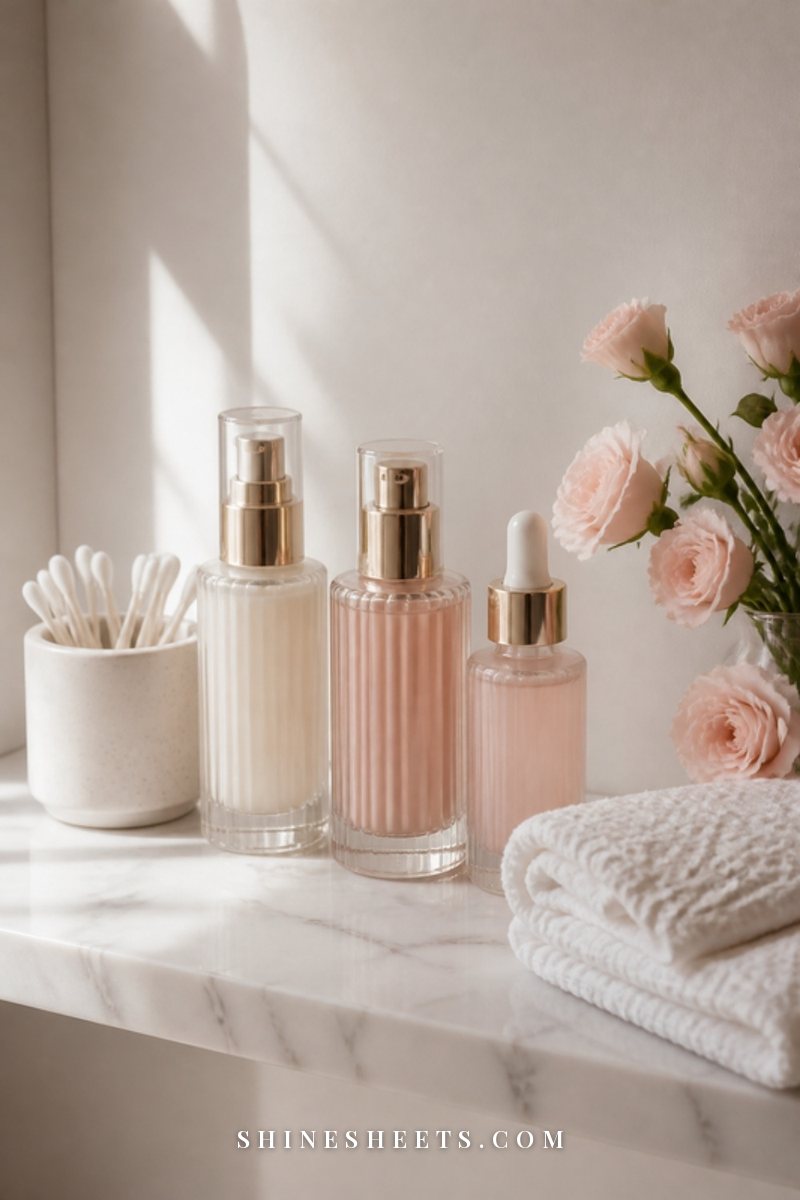 Cream skincare bottles, cotton swabs and a folded white towel on a marble bathroom shelf in soft morning light