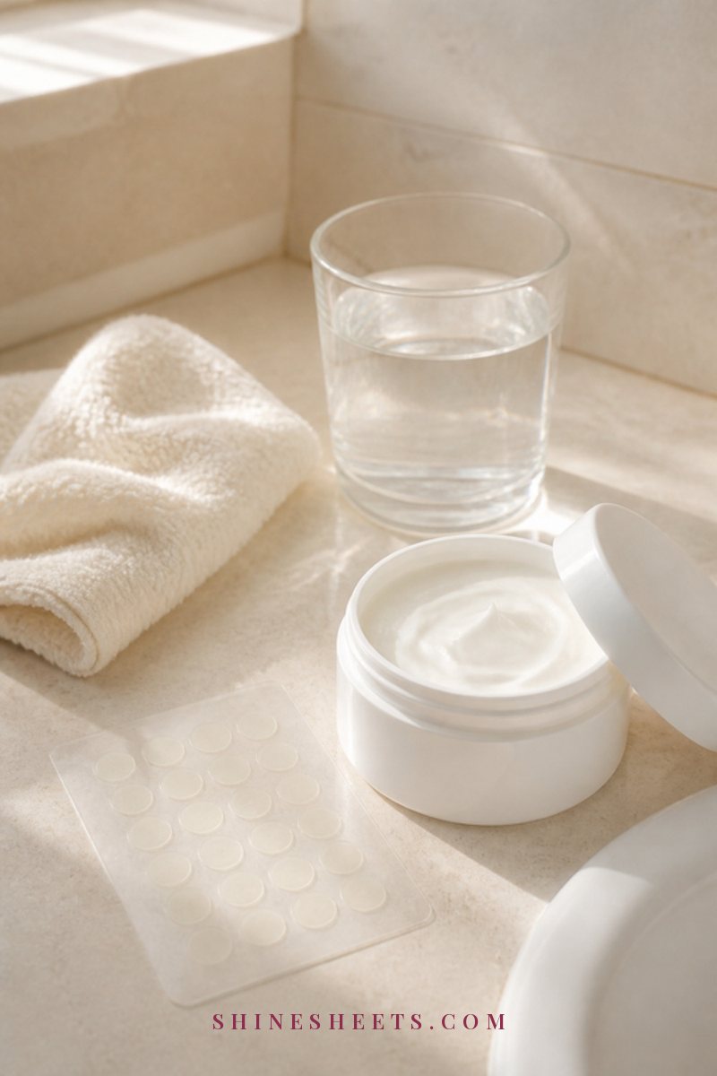 A plain white jar of fragrance-free moisturizer, clear hydrocolloid patches and a folded cream towel on a bathroom counter