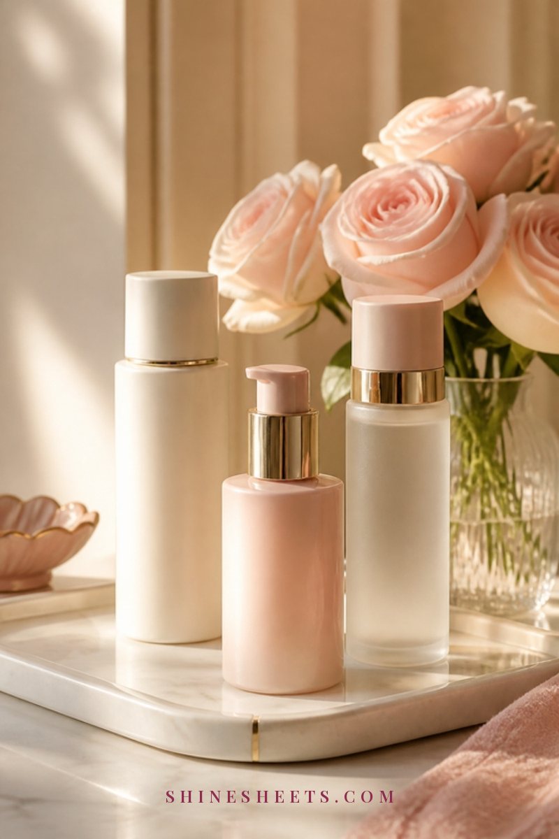 Three cream and blush skincare bottles lined up on a white marble tray beside a small vase of pale roses