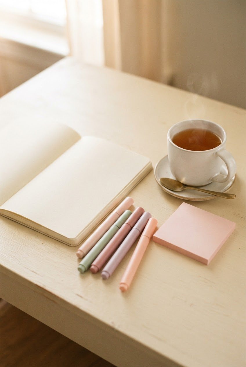 Blush sticky notes, pastel highlighters and an open notebook beside a white ceramic mug of tea on a cream desk