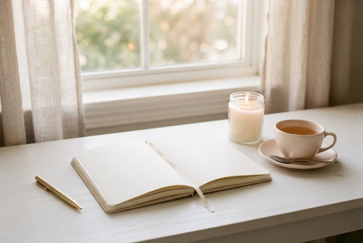 Open cream weekly planner with a gold pen, a cup of tea and a lit glass candle on a white desk in soft afternoon light
