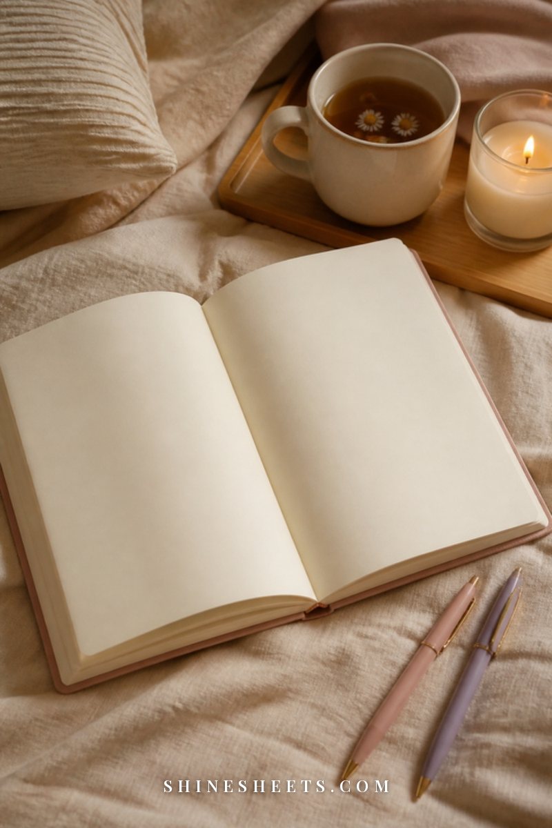 An open journal with blank cream pages, two soft pastel pens and a cup of tea on a linen bedspread beside a glass candle