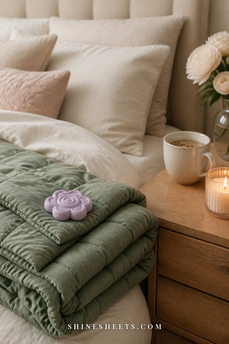 A soft sage weighted blanket folded on a cream bed with a pastel fidget toy and a cup of calming tea on the nightstand