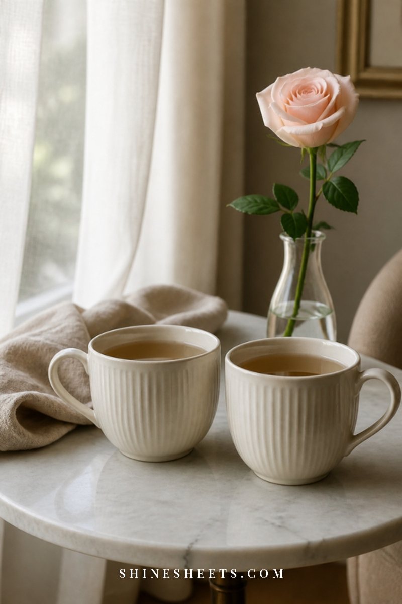 Two cream ceramic mugs of tea on a small round table by a bright window with a soft beige linen napkin
