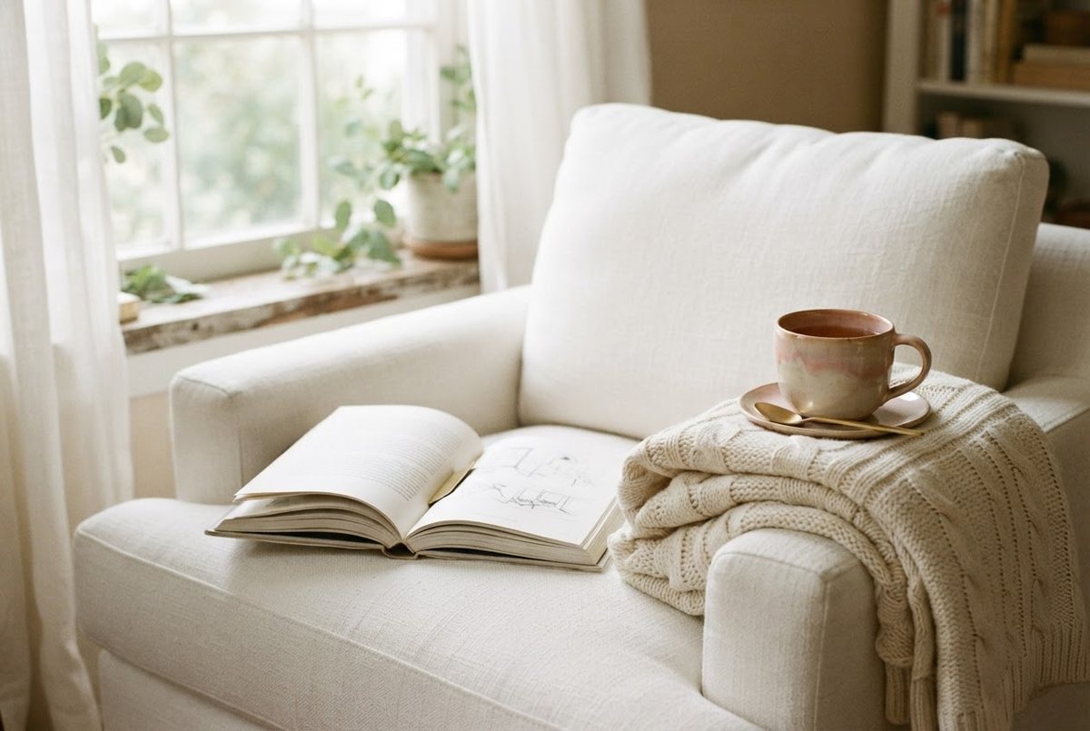 Open hardcover book, a cream knit throw and a ceramic mug of tea on a white linen armchair in soft afternoon light