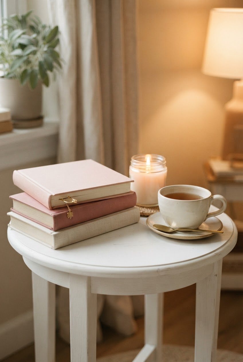 Stack of hardcover books with gold metal bookmarks, a glass candle and a cream ceramic teacup on a white side table