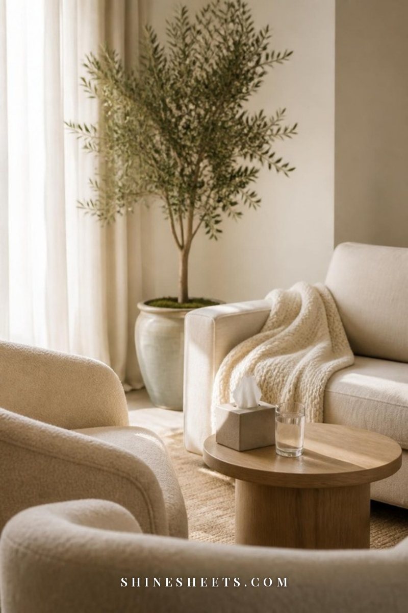 A calm, bright counseling room with two cream armchairs, a beige sofa, a soft throw and a leafy plant