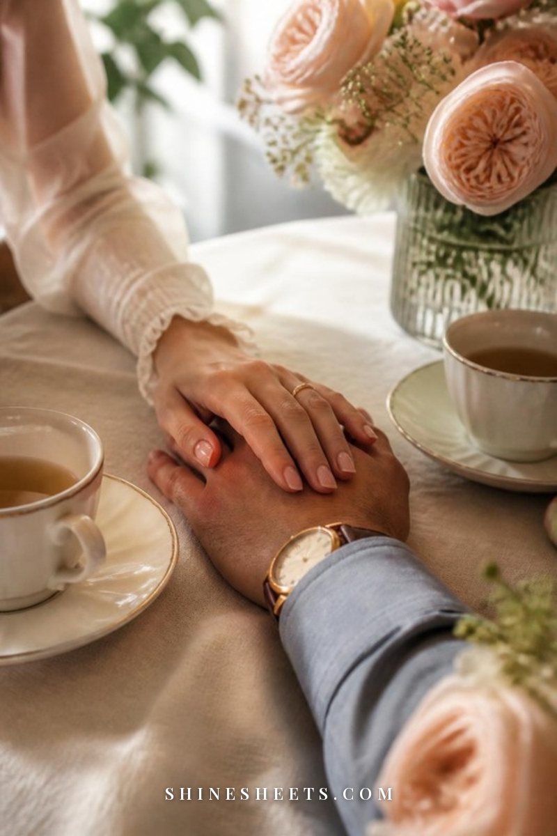 A couple's hands resting together on a cream linen tablecloth beside two ceramic teacups in soft morning light