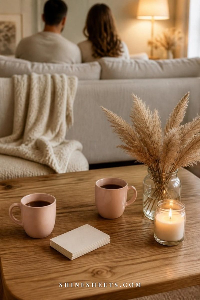 Two blush mugs, a small stack of face-down conversation cards and a lit glass candle on a cream coffee table