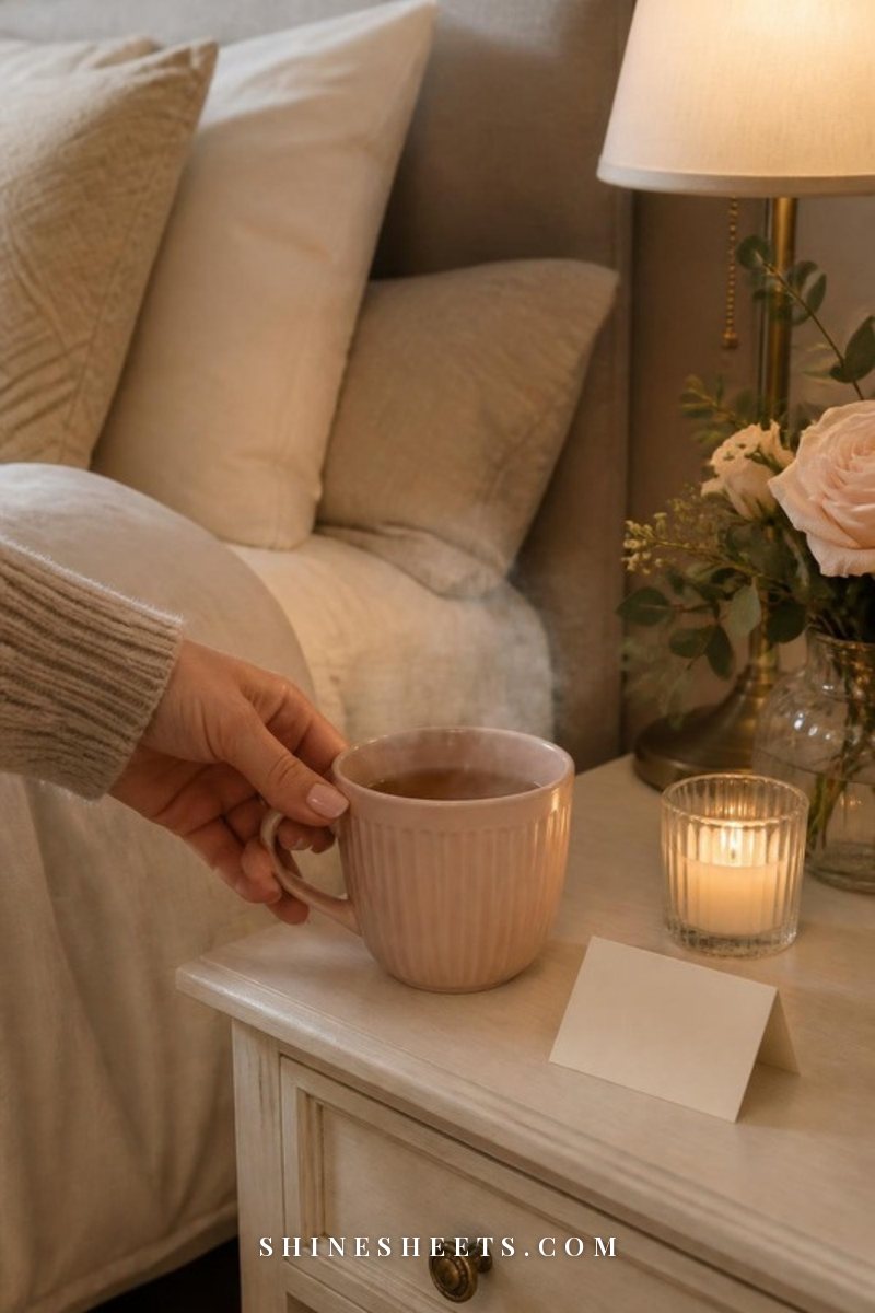 A woman's hand setting a blush mug of tea and a small folded blank note on a cream bedside table