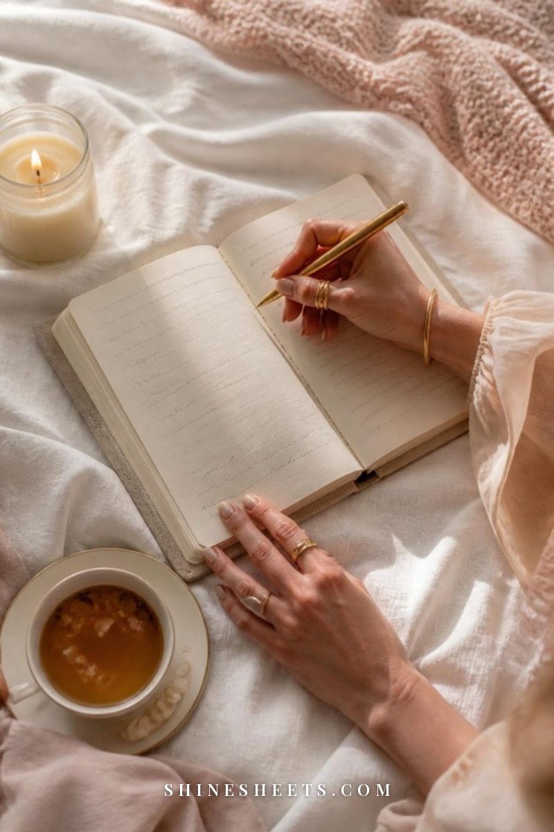 A woman's hands writing soft illegible lines in an open cream linen notebook beside a lit glass candle