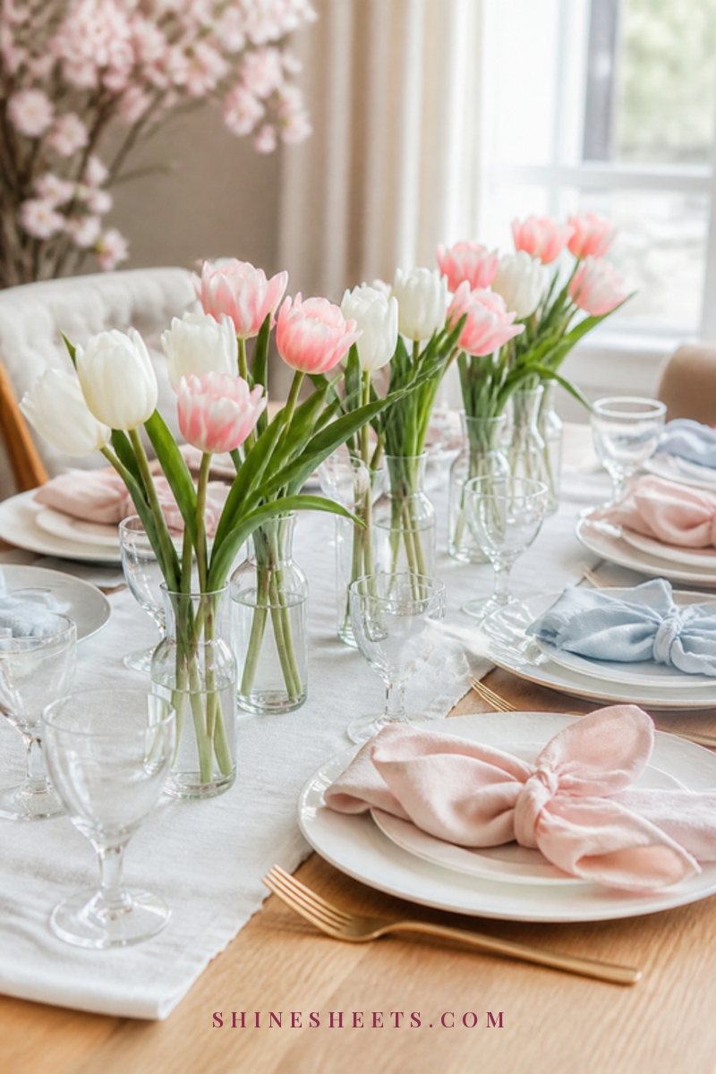 A candlelit table for two with linen napkins, flowers and two glasses