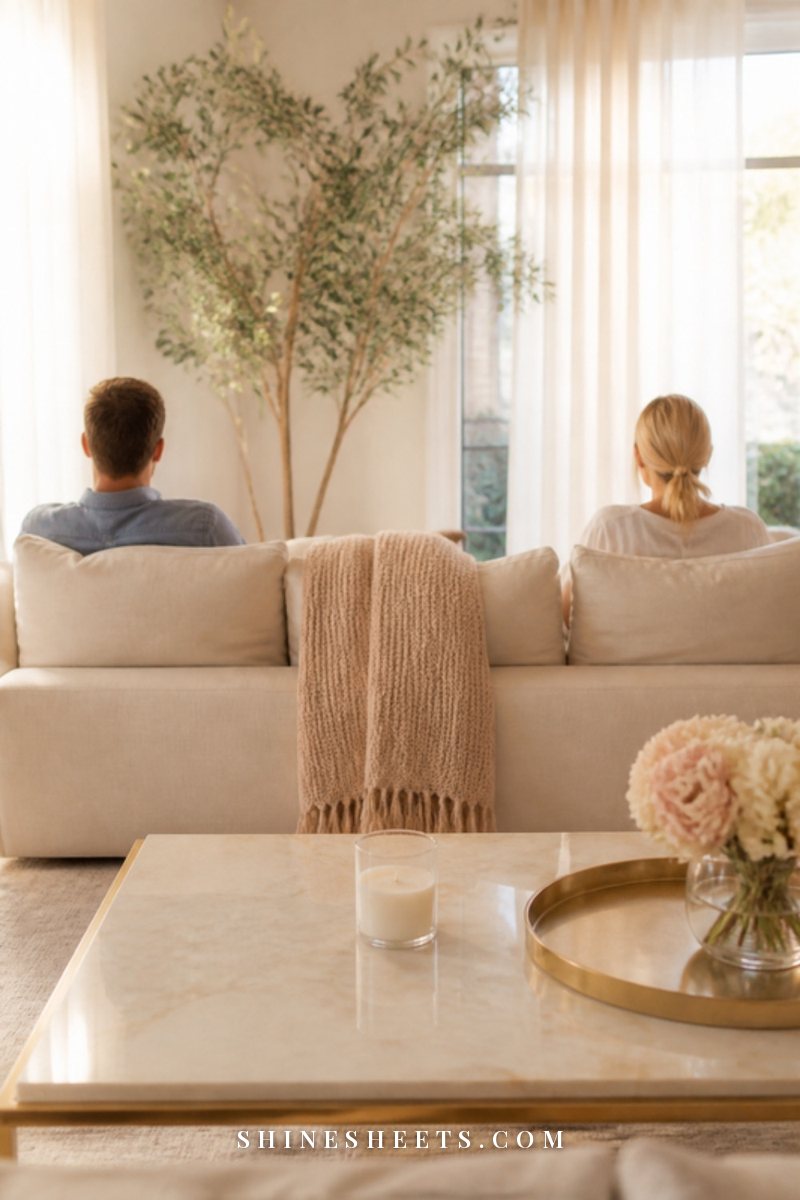 A couple seen from behind sitting at opposite ends of a cream sofa