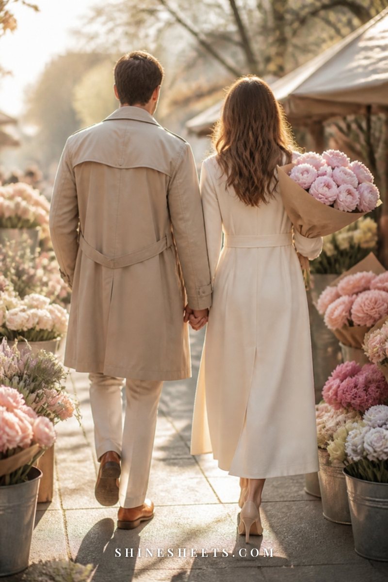 A couple seen from behind walking through a sunlit flower market