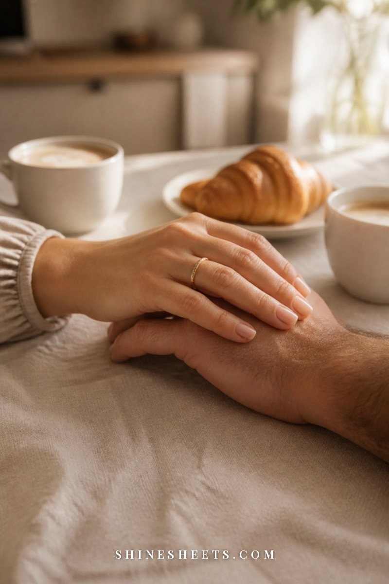 A couple’s hands touching over two coffee cups on a breakfast table