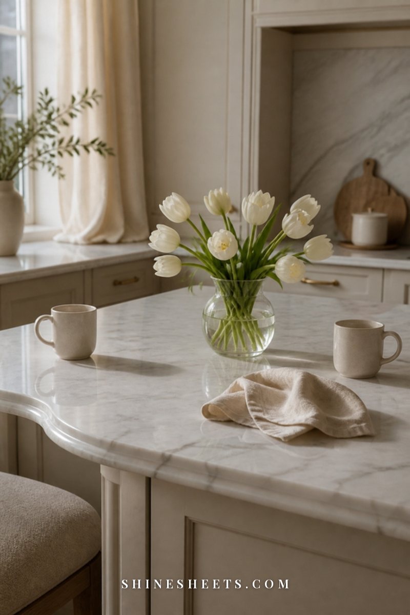 Two empty mugs on opposite ends of a kitchen counter in soft morning light