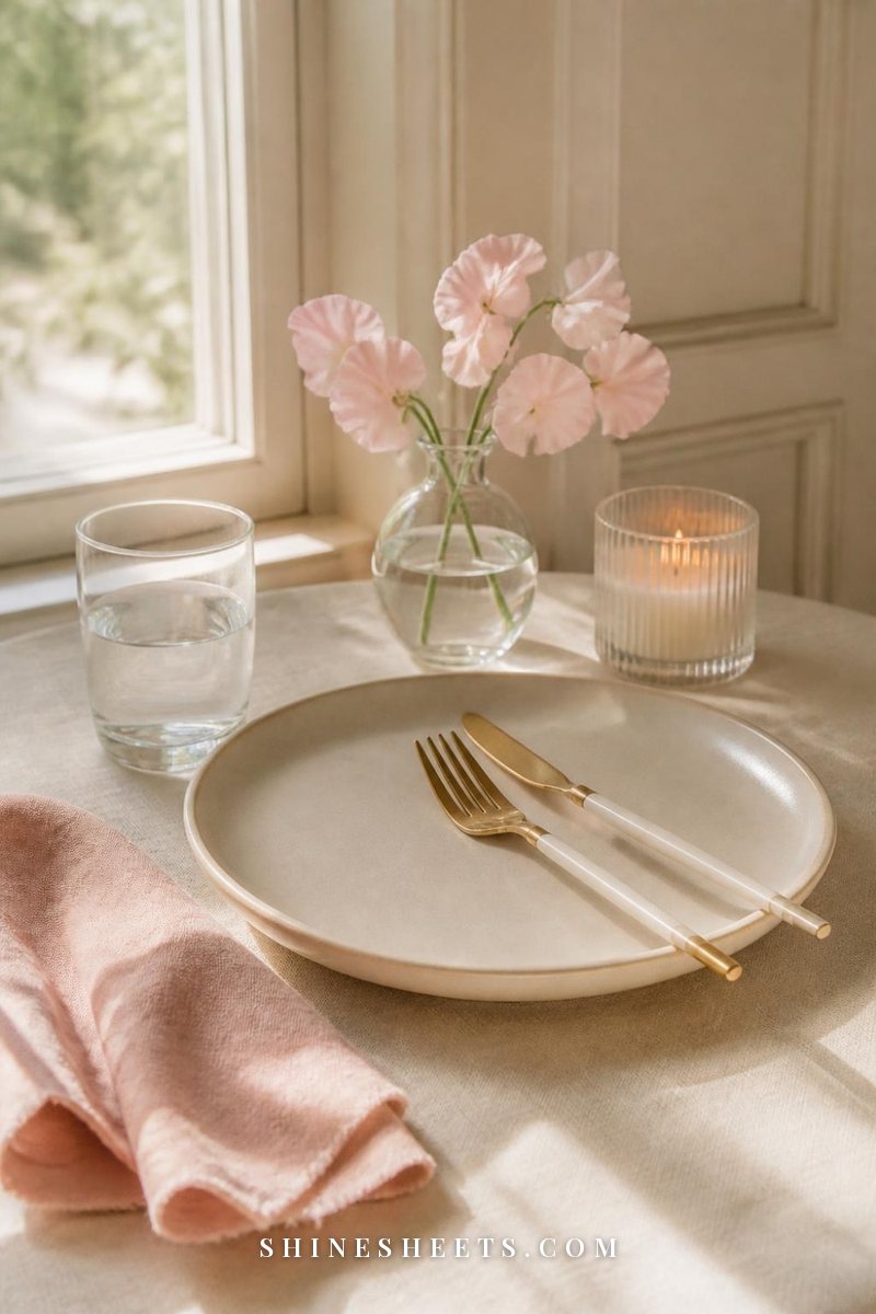 Calm table for one with a cream linen napkin, an empty ceramic plate, a glass of water and a small vase of flowers