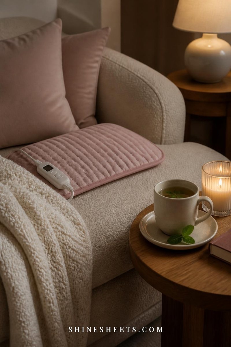 Cozy sofa corner with a blush heating pad, a mug of peppermint tea and a soft cream blanket