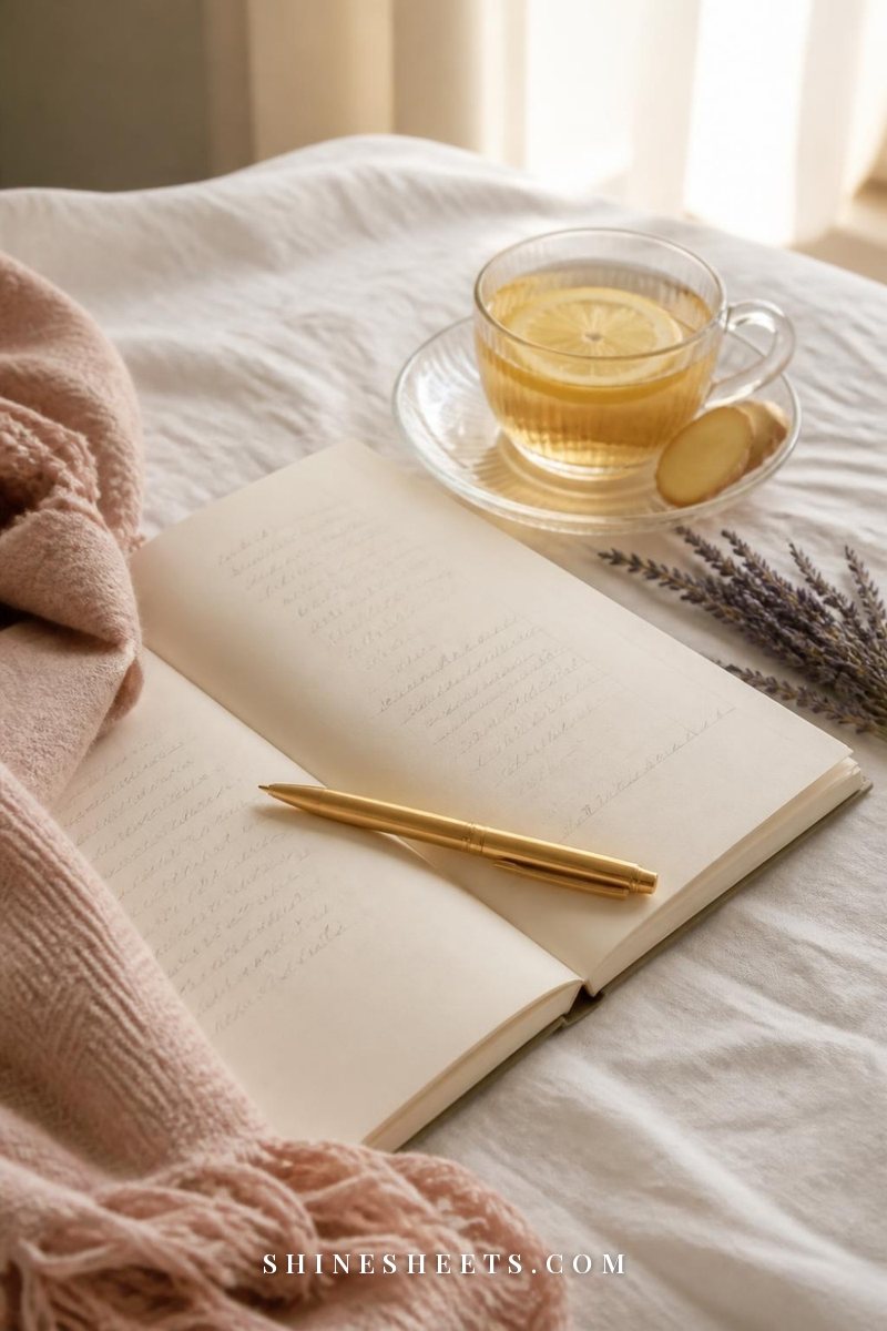 Open cream journal with soft illegible handwriting, a gold pen and a cup of ginger tea on a linen bed