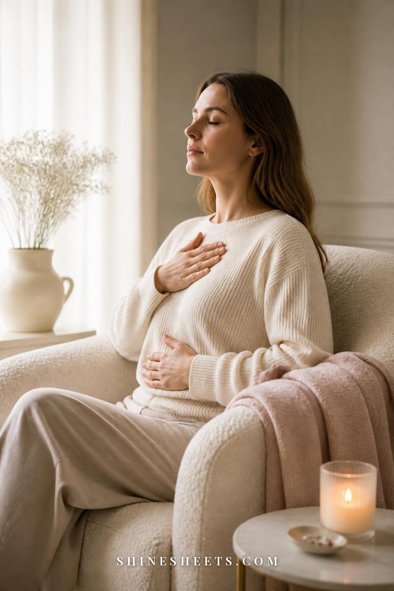 A woman's hands resting softly on her belly over a cream knit sweater while she sits on a linen sofa