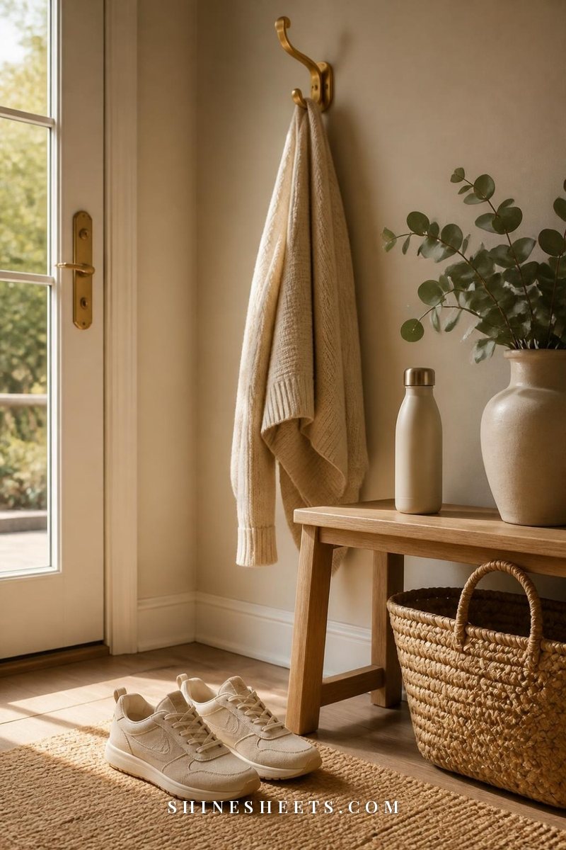 Women's cream sneakers, a beige knit cardigan and a water bottle by a sunny front door