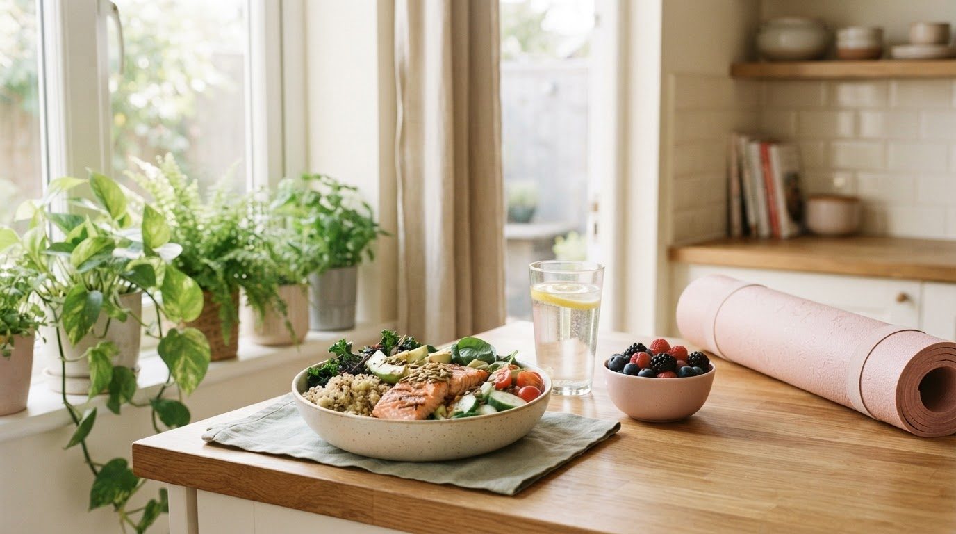 Woman in activewear preparing a protein bowl to reduce body fat percentage healthily