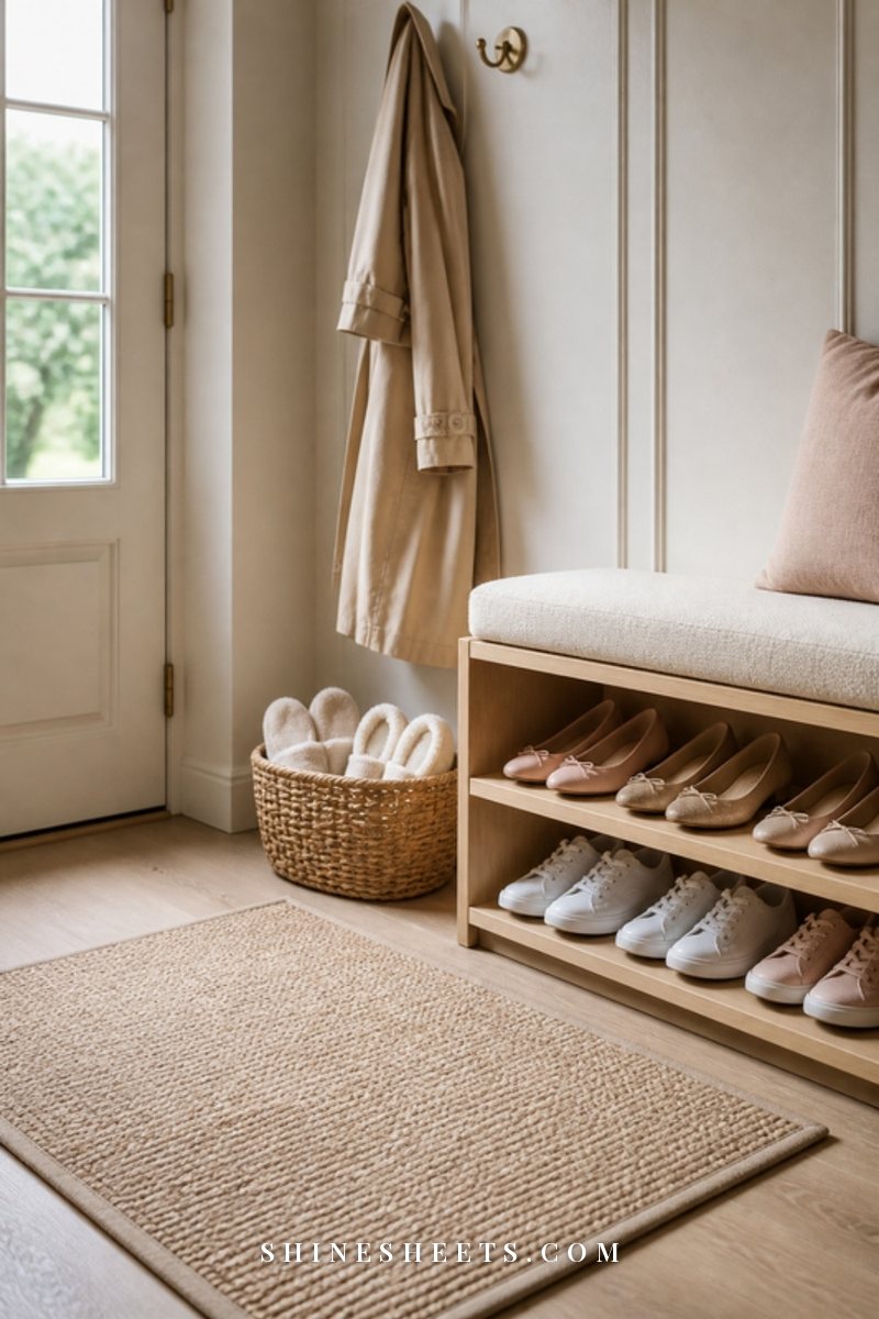 Bright entryway with a beige woven doormat, a cream bench and women's ballet flats lined up neatly on a rack