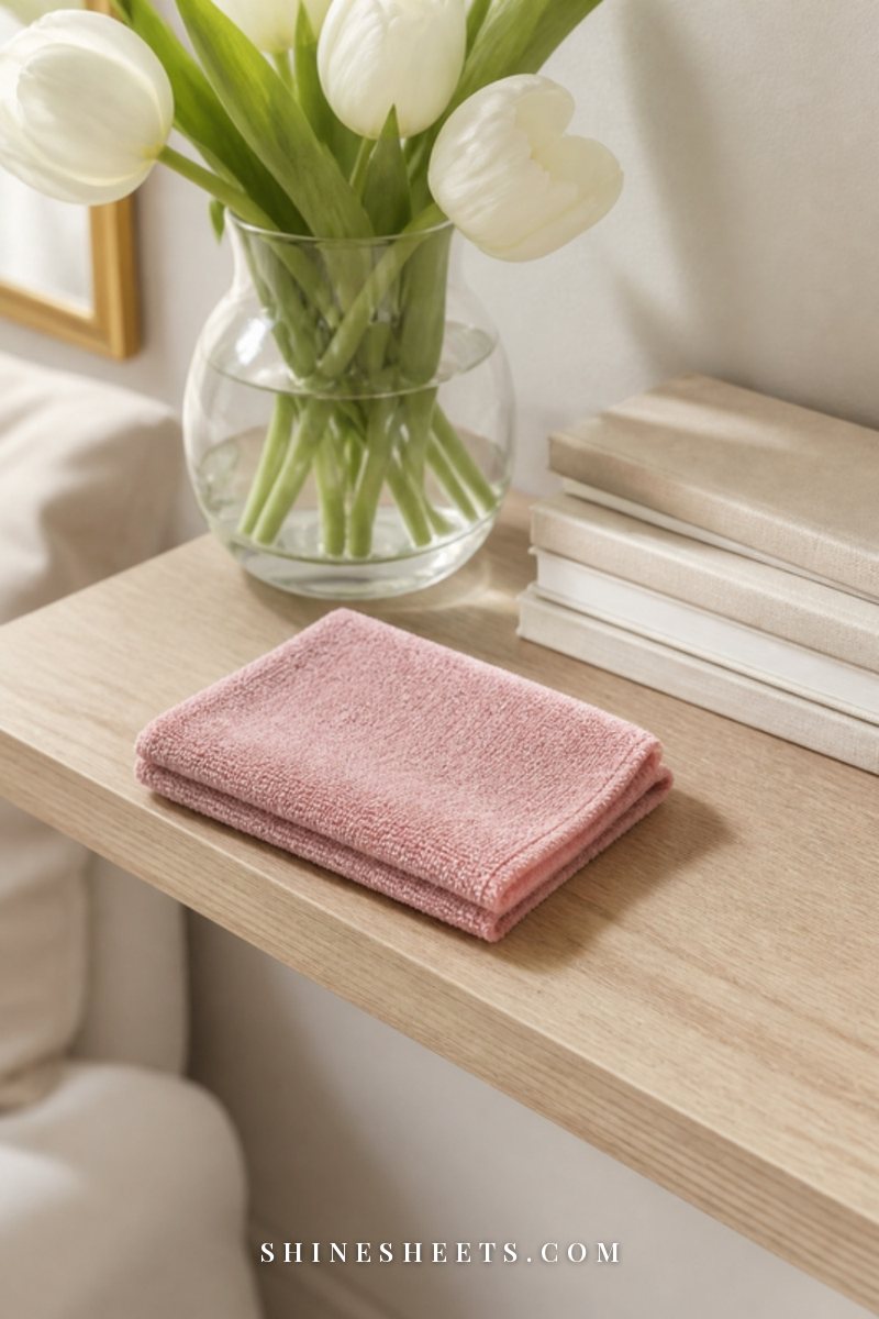 Folded blush microfiber cloth wiping a light oak shelf with a glass vase and books in soft daylight