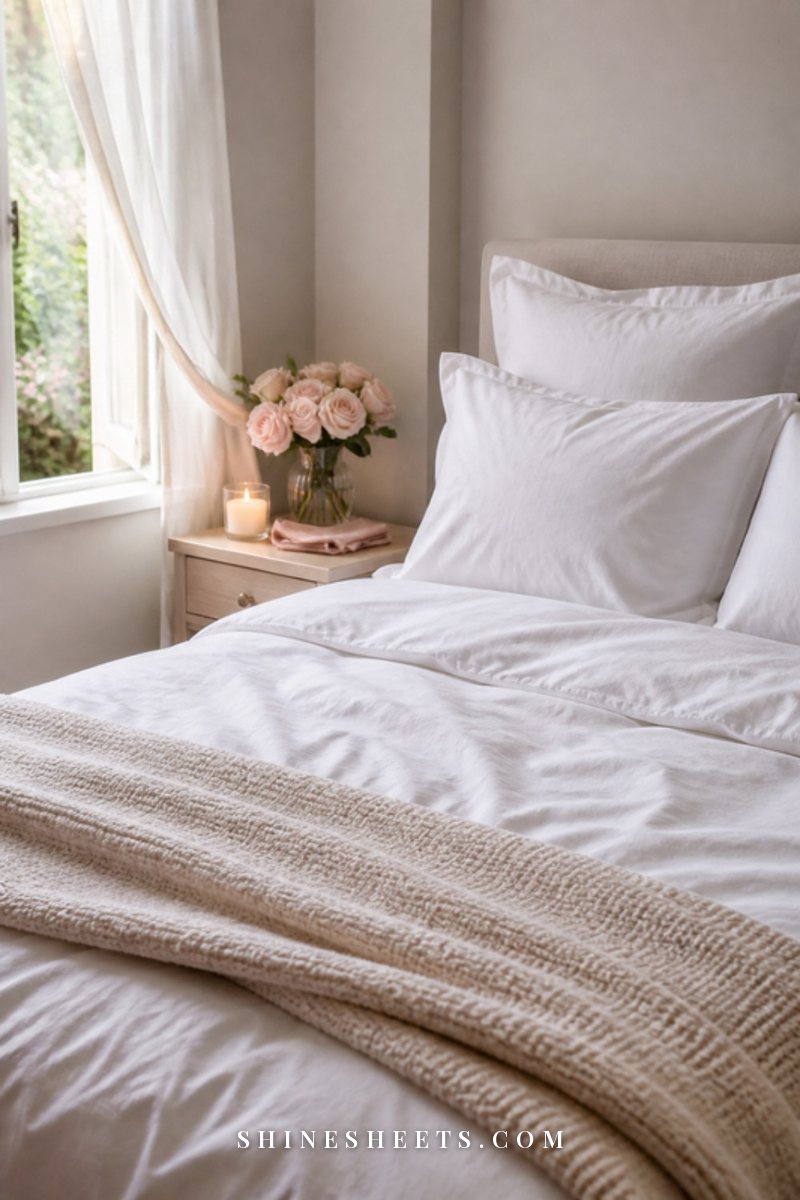 Freshly made white bed with crisp linen sheets, a cream throw and a blush microfiber cloth folded on a nightstand