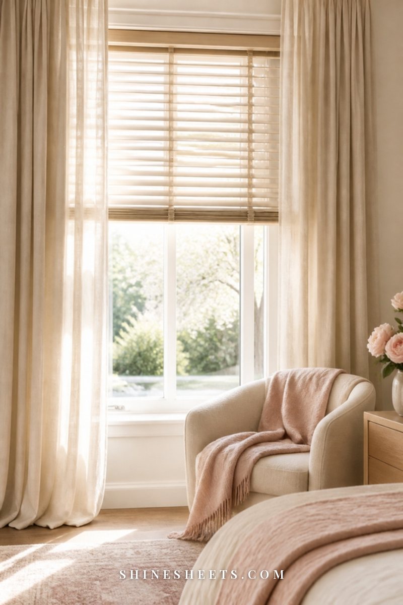 Sheer cream linen curtains and pale wood blinds in a bright bedroom window with soft morning light